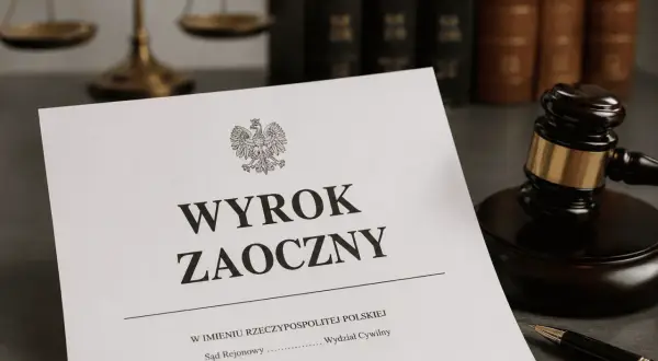 Dokument z napisem "WYROK ZAOCZNY" leży obok młotka sędziowskiego i wagi sprawiedliwości.