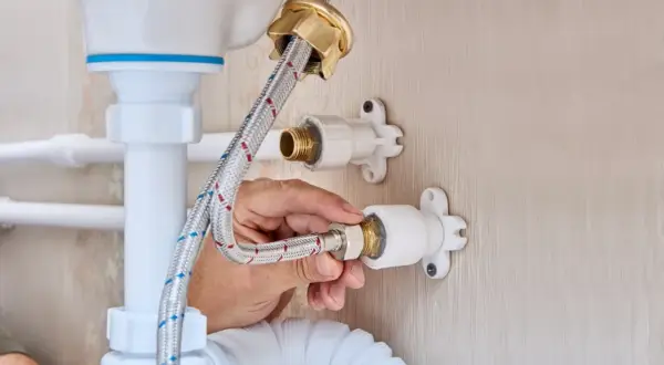 Mano conectando una manguera a la llave de paso de agua general, parte de la fontanería bajo un lavabo.