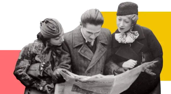 Trois personnes lisent un journal. L'une d'elles cherche un nom de famille gratuit sur Retronews.