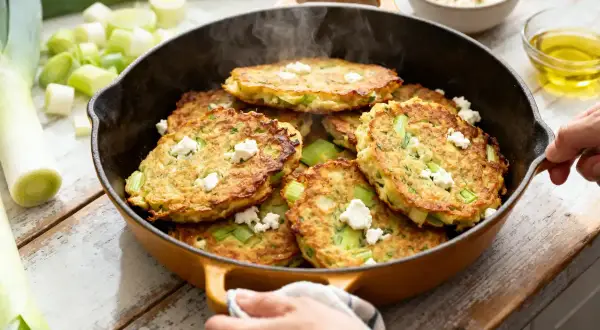 Délicieuses galettes de poireaux dorées, parsemées de feta, prêtes à être dégustées. Une recette facile et savoureuse.