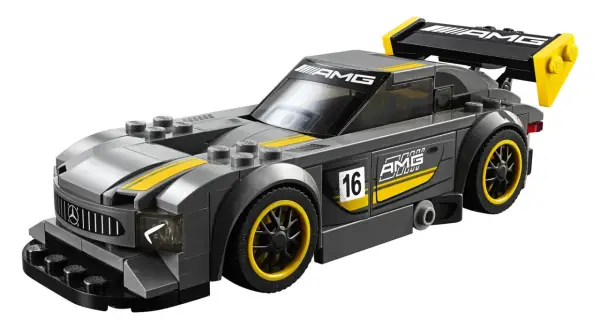 Szary samochód wyścigowy z żółtymi pasami i logo AMG, numer 16. Zestaw lego 75877.