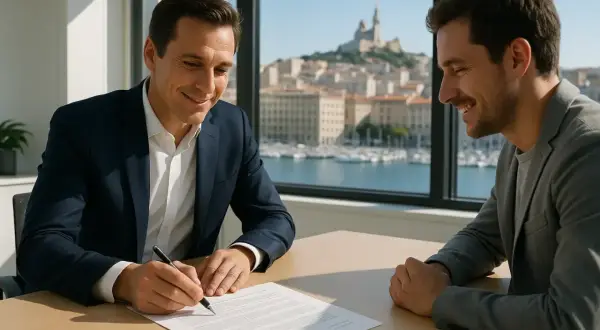 Un homme signe un document, peut-être une lettre de demande de radiation, devant un collègue souriant. La vue sur la ville et le port est magnifique.