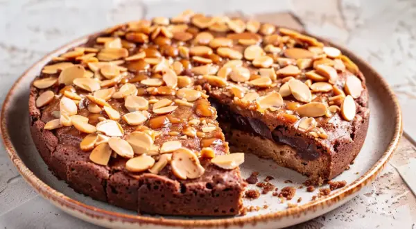 En saftig kladdkaka med mandelflagor och kolasås. En riktigt nyttig kladdkaka som passar perfekt till fikat.
