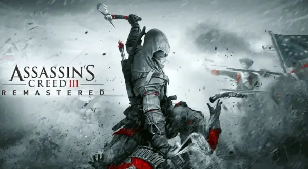 Connor z Assassin's Creed III walczy z żołnierzami podczas burzy. W tle widać amerykańską flagę.
