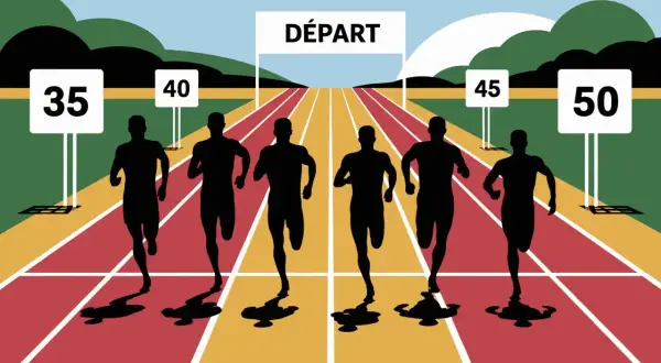 Des silhouettes d'athlètes s'élancent sur une piste de course, sous une arche "DÉPART". Une scène dynamique pour la catégorie course à pied.