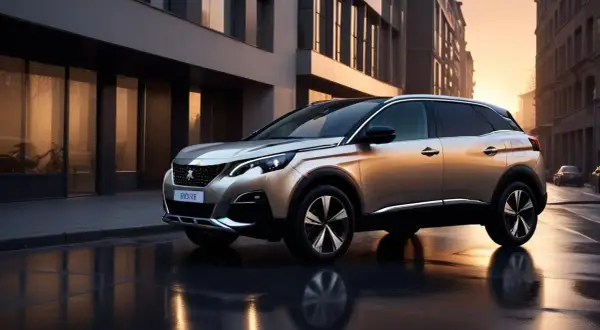 En gyllene Peugeot 3008 SUV står på en våt stadsgata i solnedgången. Denna peugeot 3008 test visar bilens eleganta design.