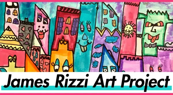A vibrant, whimsical cityscape in the style of James Rizzi art, featuring colorful buildings with faces and playful details.