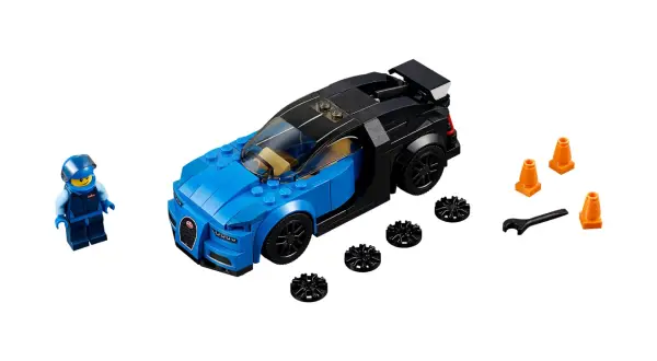 Niebiesko-czarny Bugatti Chiron z zestawu lego 75878, figurka kierowcy i akcesoria do tuningu.