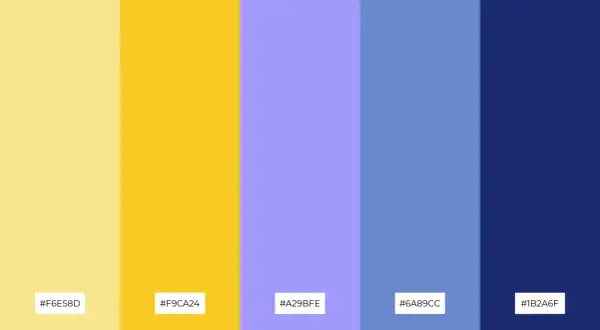 A palette featuring a bright mustard yellow and its complementary colors: soft yellow, lavender, and two shades of blue.