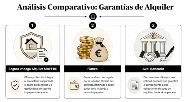 Análisis comparativo de garantías de alquiler: seguro, fianza y aval bancario. Cada opción ofrece protección para el alquiler.