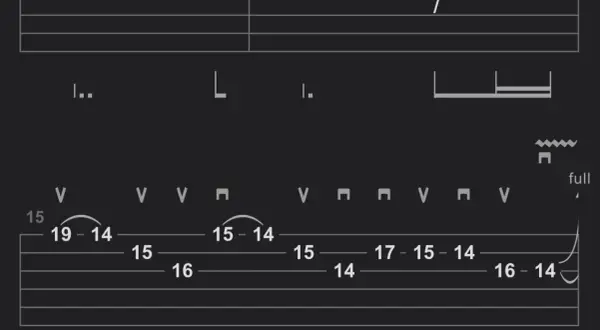 Fragment tabulatury gitarowej z nutami i oznaczeniami, w tym "fade to black tab".