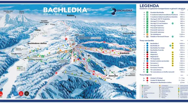 Mapa tras narciarskich w Bachledovej dolinie. Widok z lotu ptaka na stoki, wyciągi i infrastrukturę.