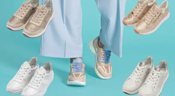 Kolekcja butów damskich: złote, białe i beżowe sneakersy. Wygodne, szerokie w palcach buty na co dzień.