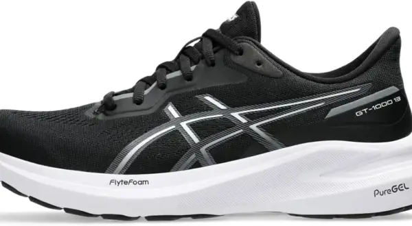 Scarpa da running Asics GT-1000 13 donna, nera con dettagli argento e suola bianca. Ideale per ogni corsa.