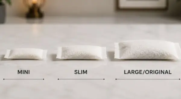 Tre snusportioner i olika storlekar: MINI, SLIM och LARGE/ORIGINAL. En snusdosa vikt kan variera beroende på storlek.