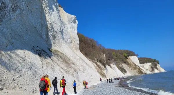 Spacerowicze podziwiają białe klify na Rugii, największej wyspie Niemiec.