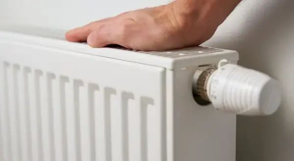 Dłoń na grzejniku sprawdza temperaturę. Nowoczesne ogrzewanie indukcyjne domu zapewnia komfort cieplny.
