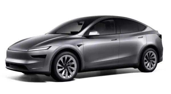 Srebrny Tesla Model Y, SUV, który zastanawiasz się, ile waży Tesla Y, prezentuje się elegancko.