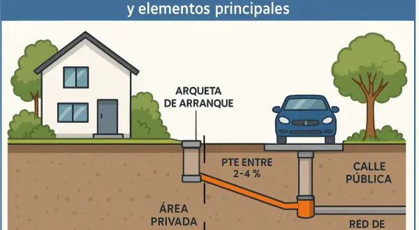 Ilustración de las instalaciones de saneamiento de una vivienda, mostrando la arqueta de arranque, la tubería con pendiente y la conexión a la red pública.