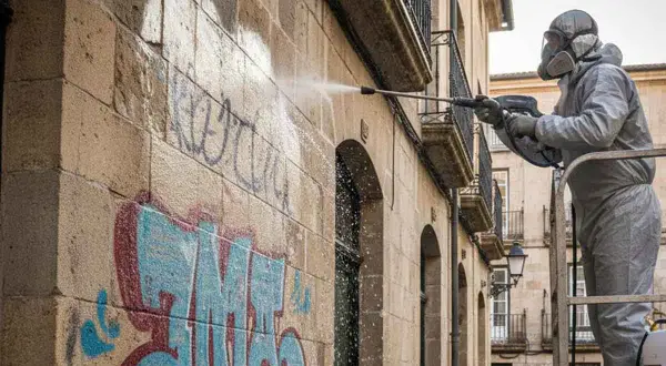 Trabajador con traje protector realiza limpieza de fachada con hidrolimpiadora, eliminando grafitis de un muro de piedra.
