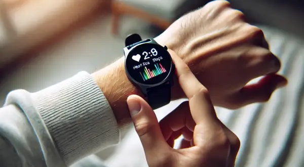 Dłoń z nowoczesnym smartwatchem monitorującym tętno i kroki. Czy smartwatch jest szkodliwy dla zdrowia? Urządzenie pokazuje dane, ale nie ma dowodów na jego negatywny wpływ.