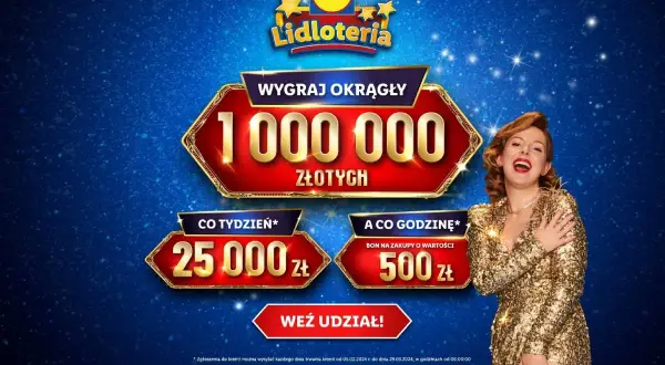 Szczęśliwa kobieta w złotej sukience cieszy się z wygranej w Lidloteria. Czy ktoś wygrał 1 000 000 zł?