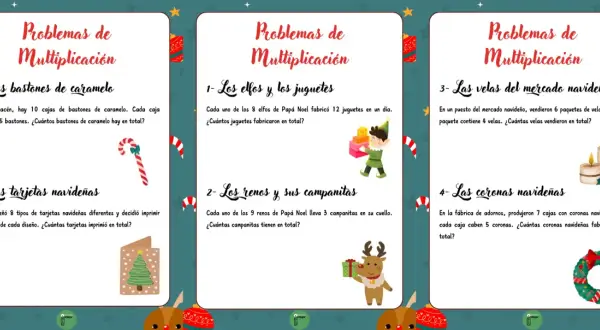 Problemas de multiplicación navideña: elfos, renos, bastones de caramelo, velas y coronas.
