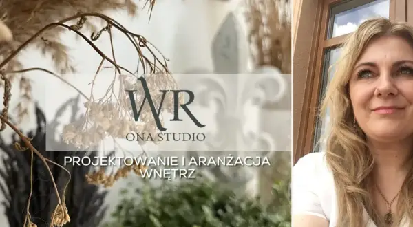 Kobieta i logo studia projektowego WR ONA STUDIO, z napisem "Projektowanie i aranżacja wnętrz".