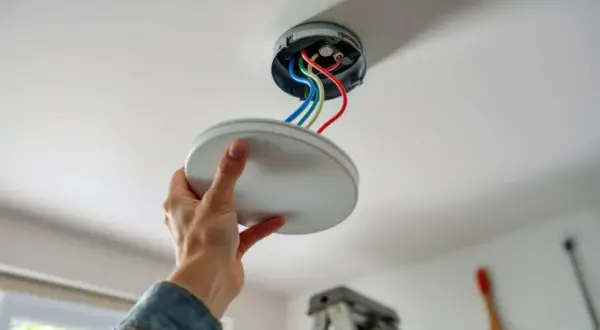 Main tenant installe une nouvelle pose lampe au plafond, connectant les fils colorés.