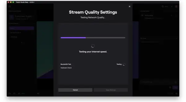 Twitch Studio testet die Netzwerkqualität und die Upload-Geschwindigkeit für Streams.