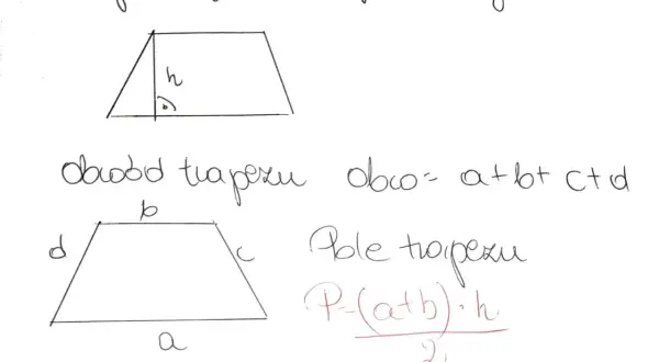 Rysunek przedstawia czworokąt - trapez, z zaznaczoną wysokością (h) i wzorami na obwód (a+b+c+d) i pole P = ((a+b)*h)/2.