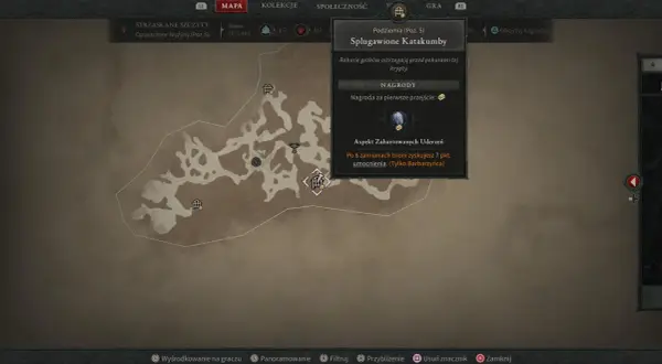 Mapa podziemi koszmarów Diablo 4: Splugawione Katakumby. Rabusie grobów ostrzegają przed pokusami tej krypty. Nagroda za pierwsze przejście: Aspekt Zahartowanych Uderzeń.