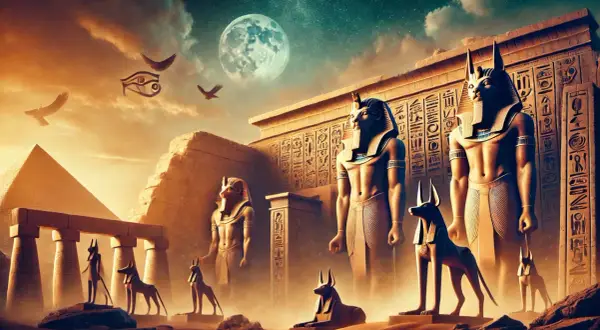 Monumentala statyer och hieroglyfer vittnar om egyptisk mytologi under en stjärnklar himmel med en stor måne.