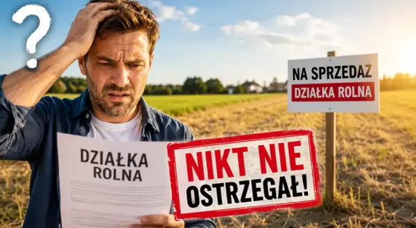 Zdezorientowany mężczyzna trzyma dokument "Działka rolna" obok znaku "NA SPRZEDAŻ DZIAŁKA ROLNA".