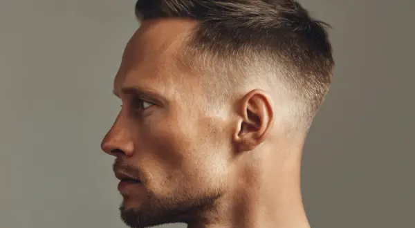 Profil eines Mannes mit kurz geschnittenen, braunen Haaren. Die Haare sind am Ansatz platt, gehen aber nach oben hin in Volumen über.