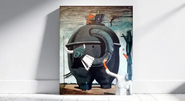 A surreal painting features a giant, dark, elephant-like creature with a bull's head and a trunk. A headless female torso with an orange arm reaches towards it. The elephant celebes is a striking, enigmatic figure.