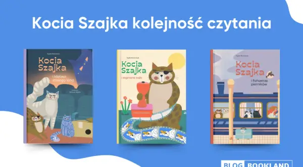 Kocia Szajka kolejność czytania: trzy okładki książek z kotami w roli głównej. Pierwsza to "Kocia Szajka i klątwa starego kina", druga "Kocia Szajka i zaginione bajki", a trzecia "Kocia Szajka i fałszerze pierników".