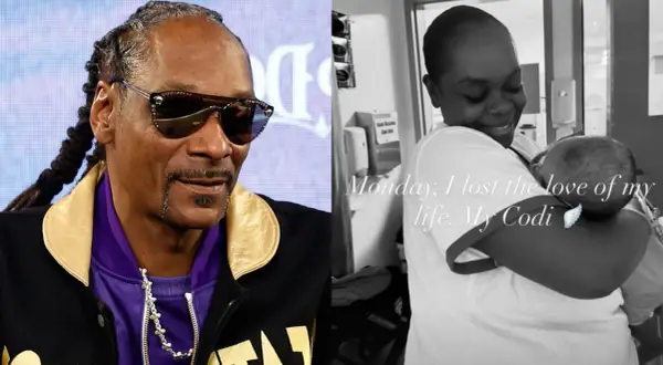 Snoop Dogg obok zdjęcia kobiety tulącej noworodka. Widać, że Snoop Dogg ma dzieci, a zdjęcie po prawej to smutna wiadomość o stracie.