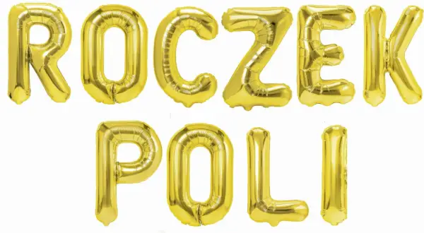 Złoty baner urodzinowy z napisem "Roczek Poli" z balonów.