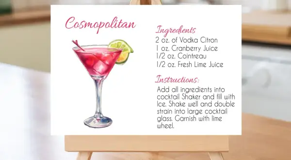 Przepis na drinka Cosmopolitan: ilustracja koktajlu z limonką i listą składników. Idealny na wieczór w stylu cosmopolitan.