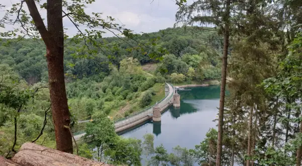 Die Talsperre Solingen, umgeben von üppigem Grün, staut das ruhige Wasser. Zwei Türme ragen aus dem See empor.