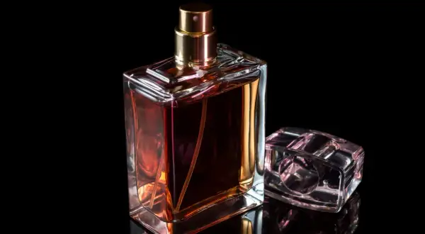 Elegancki flakonik baccarat perfume o bursztynowym kolorze, obok niego mniejszy, przezroczysty korek.