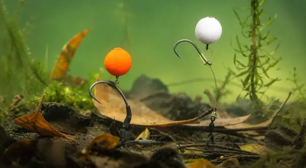 Zwei Pop-Up-Montagen mit orangefarbenen und weißen Kugeln, bereit für den Fang im Unterwasser-Dschungel.