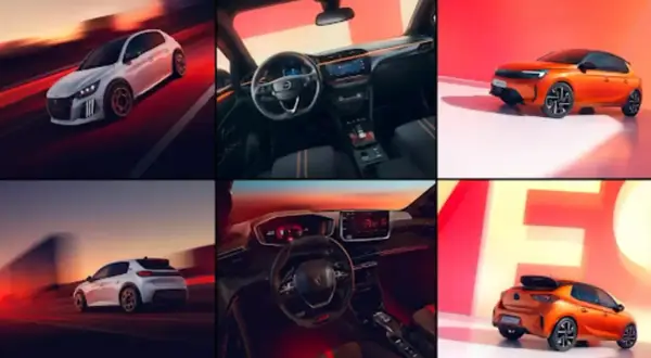 Dynamiczne ujęcia białego i pomarańczowego Peugeot e-208, w tym wnętrza z nowoczesnym kokpitem.