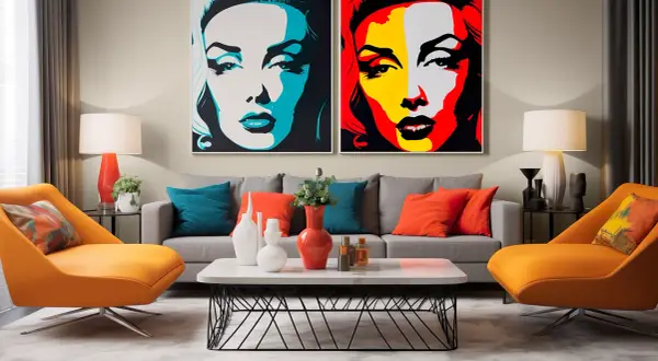 Dwa wyraziste obrazy akrylowe pop art z portretami kobiet, dominują w nowoczesnym salonie z pomarańczowymi fotelami i szarą kanapą.