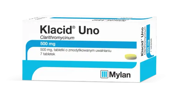 Opakowanie leku Klacid Uno 500 mg z jedną tabletką. Klacid to antybiotyk.