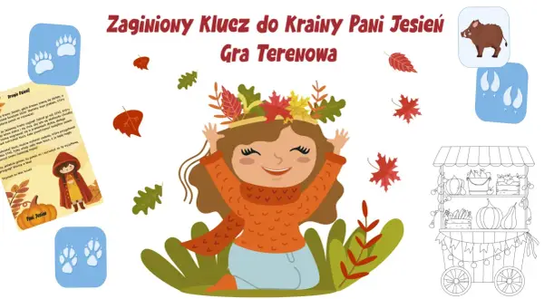 Ilustracja z uśmiechniętą dziewczynką w jesiennych liściach, śladami łap, dzikiem i straganem.
