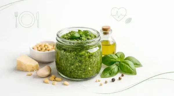 Słoik domowego pesto, składniki: bazylia, orzeszki piniowe, czosnek, parmezan, oliwa. Czy pesto jest zdrowe? Tak, to bogactwo witamin i zdrowych tłuszczów.