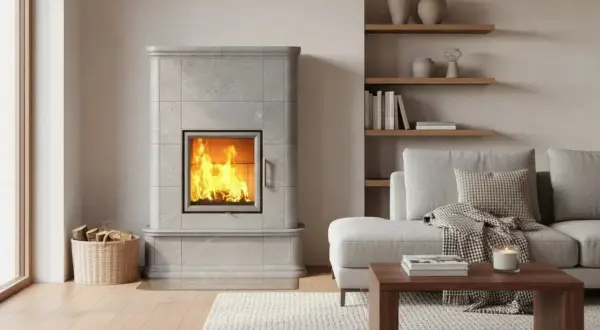 Ein gemütlicher Wohnraum mit einem gemauerten Kamin, in dem ein Feuer lodert. Daneben ein Korb mit Holzscheiten und ein Sofa mit Kissen und Decke.