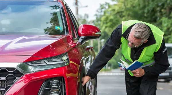 Policjant w kamizelce odblaskowej sprawdza oponę czerwonego auta, notując coś w niebieskiej książeczce. To część jego pracy, być może związanej z art. 97 kw.